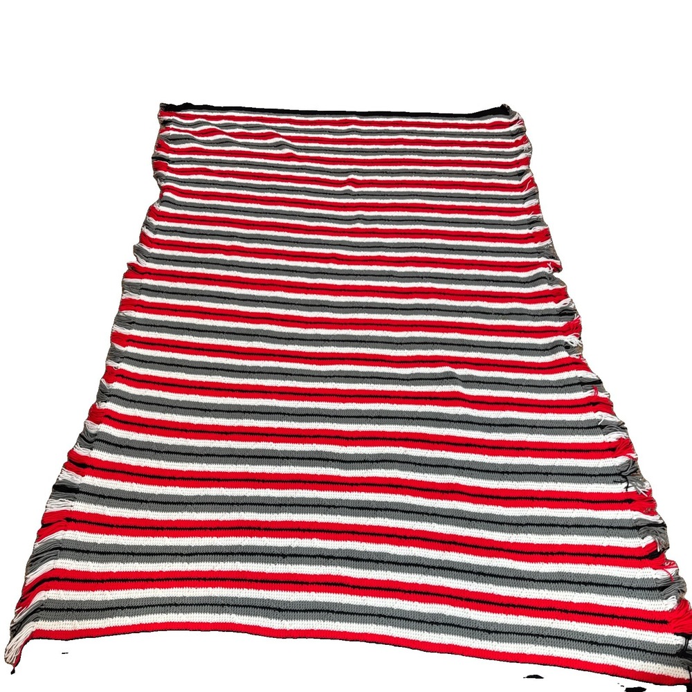 Vintage Crocheted Afghan Blanket Throw Handmade Granny Red Black Grey 91" X 66"